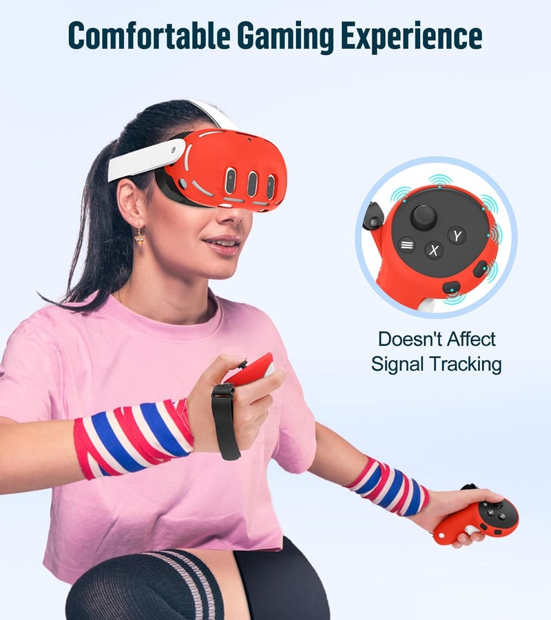 YRXVW مجموعة غطاء سيليكون متوافقة مع ميتا أوكولوس/كويست 3، ملحقات VR غطاء واقي تشمل مقابض التحكم، غطاء رأس أمامي وغطاء وجه، غير متوافق مع كويست 3S (أحمر) - Image 3